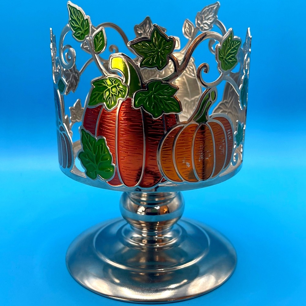 Bath & Body Works Pumpkin Pedestal Candle Holder Silver Orange Green Fall Decor